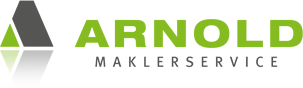 Grün-graues, abstraktes Arnold-Maklerservice-Logo mit kantigen Flächen, dunkler Kontur und weißem Rand im Querformat auf hellem Hintergrund.