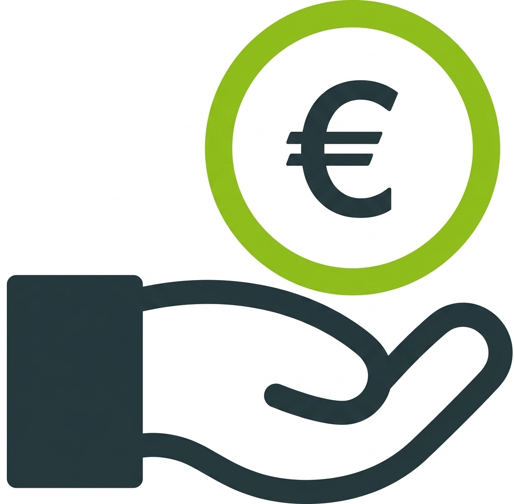 Eine stilisierte Hand hält ein Eurozeichen in einem grünen Kreis vor weißem Hintergrund und steht klar für finanzielle Ersparnisse und Geldwerte.